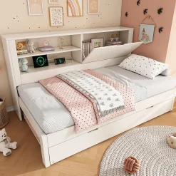 Lit Gigogne 90x190/200 cm avec Rangement, Compartiment Ouvert et Ports USB/USB-C, MDF/Contreplaqué/Panneaux de Particules, Blanc>Okwish Hot