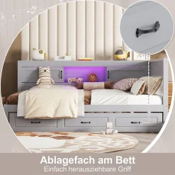 Okwish Lit gigogne 140x200 cm avec rangement latéral, LED télécommande et ports USB - sommier inclus - sans matelas - gris* Lit Gigogne