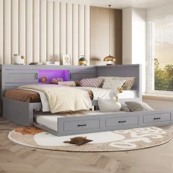 Okwish Lit gigogne 140x200 cm avec rangement latéral, LED télécommande et ports USB - sommier inclus - sans matelas - gris* Lit Gigogne
