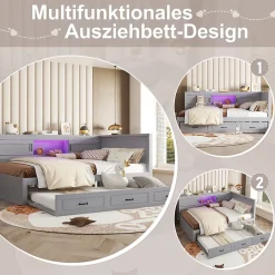 Okwish Lit gigogne 140x200 cm avec rangement latéral, LED télécommande et ports USB - sommier inclus - sans matelas - gris* Lit Gigogne