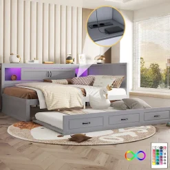 Okwish Lit gigogne 140x200 cm avec rangement latéral, LED télécommande et ports USB - sommier inclus - sans matelas - gris* Lit Gigogne