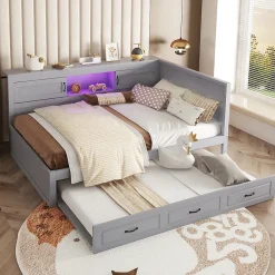 Okwish Lit gigogne 140x200 cm avec rangement latéral, LED télécommande et ports USB - sommier inclus - sans matelas - gris* Lit Gigogne