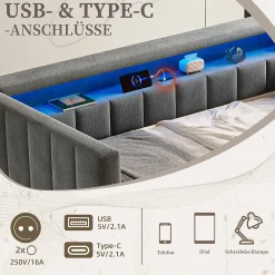 Okwish Lit Gigogne 90x190 cm avec Rangement, LED et Port USB Type-C, Design Capitonné en Velours Gris, pour Chambre d'Ado ou Invités* Lit Gigogne