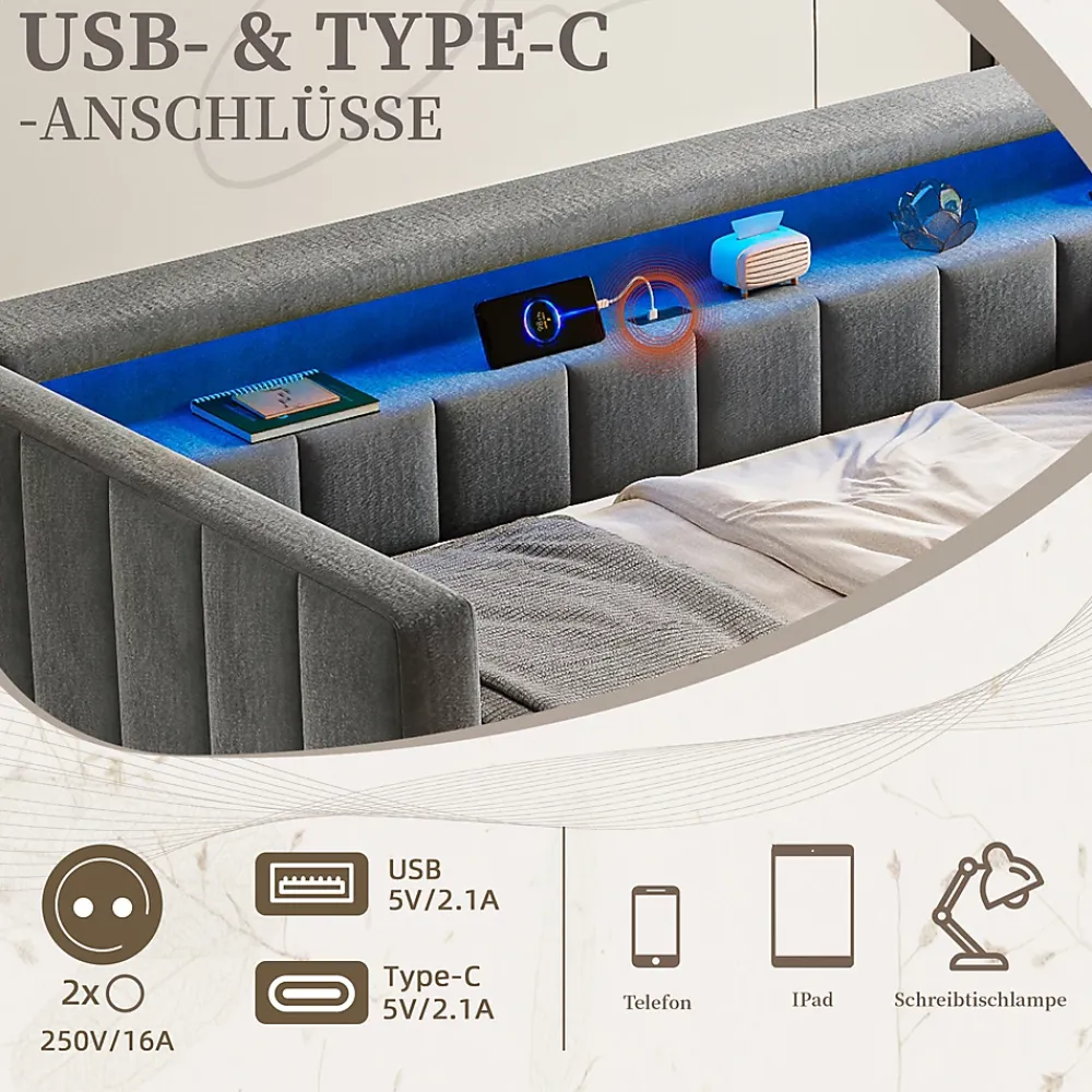 Okwish Lit Gigogne 90x190 cm avec Rangement, LED et Port USB Type-C, Design Capitonné en Velours Gris, pour Chambre d'Ado ou Invités* Lit Gigogne