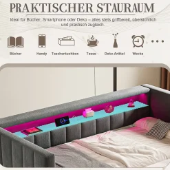 Okwish Lit Gigogne 90x190 cm avec Rangement, LED et Port USB Type-C, Design Capitonné en Velours Gris, pour Chambre d'Ado ou Invités* Lit Gigogne