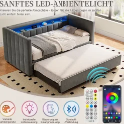 Okwish Lit Gigogne 90x190 cm avec Rangement, LED et Port USB Type-C, Design Capitonné en Velours Gris, pour Chambre d'Ado ou Invités* Lit Gigogne