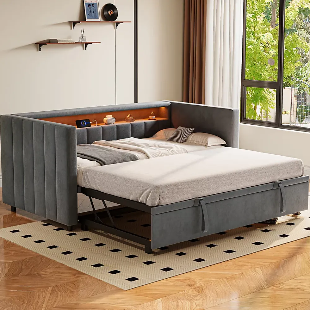 Okwish Lit Gigogne 90x190 cm avec Rangement, LED et Port USB Type-C, Design Capitonné en Velours Gris, pour Chambre d'Ado ou Invités* Lit Gigogne