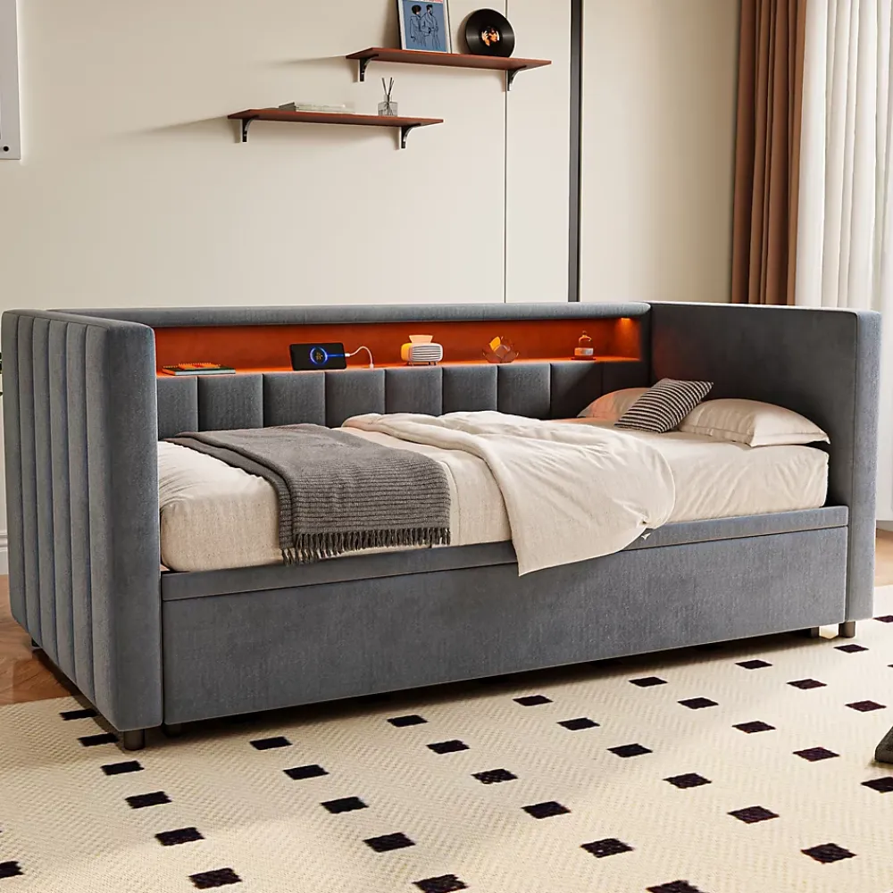 Okwish Lit Gigogne 90x190 cm avec Rangement, LED et Port USB Type-C, Design Capitonné en Velours Gris, pour Chambre d'Ado ou Invités* Lit Gigogne