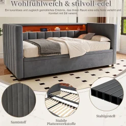 Okwish Lit Gigogne 90x190 cm avec Rangement, LED et Port USB Type-C, Design Capitonné en Velours Gris, pour Chambre d'Ado ou Invités* Lit Gigogne