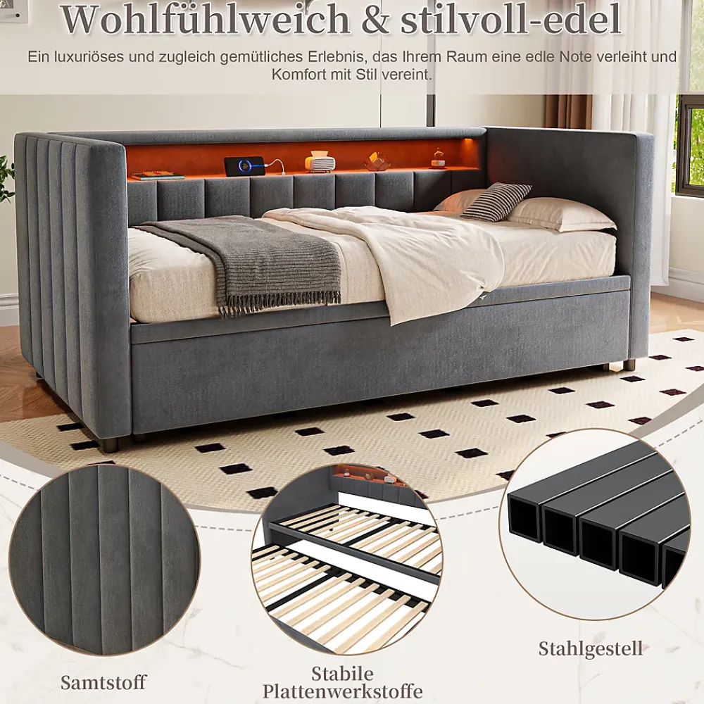 Okwish Lit Gigogne 90x190 cm avec Rangement, LED et Port USB Type-C, Design Capitonné en Velours Gris, pour Chambre d'Ado ou Invités* Lit Gigogne