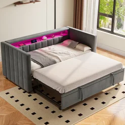Okwish Lit Gigogne 90x190 cm avec Rangement, LED et Port USB Type-C, Design Capitonné en Velours Gris, pour Chambre d'Ado ou Invités* Lit Gigogne