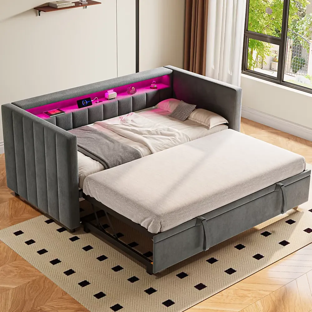 Okwish Lit Gigogne 90x190 cm avec Rangement, LED et Port USB Type-C, Design Capitonné en Velours Gris, pour Chambre d'Ado ou Invités* Lit Gigogne