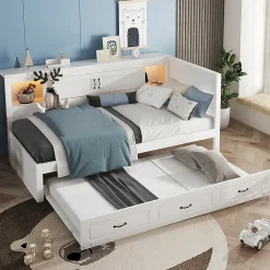Lit gigogne 90x200 cm avec rangement latéral, LED télécommande et ports USB - sommier inclus - blanc - sans matelas>Okwish Clearance