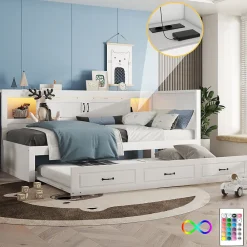 Lit gigogne 90x200 cm avec rangement latéral, LED télécommande et ports USB - sommier inclus - blanc - sans matelas>Okwish Clearance