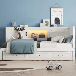 Lit gigogne 90x200 cm avec rangement latéral, LED télécommande et ports USB - sommier inclus - blanc - sans matelas><noscript><img width=