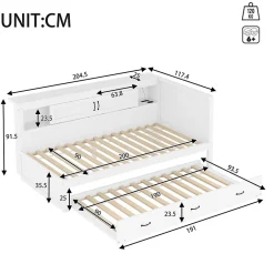 Lit gigogne 90x200 cm avec rangement latéral, LED télécommande et ports USB - sommier inclus - blanc - sans matelas><noscript><img width=