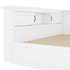 Lit gigogne 90x200 cm avec rangement latéral, LED télécommande et ports USB - sommier inclus - blanc - sans matelas><noscript><img width=