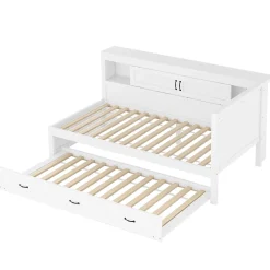 Lit gigogne 90x200 cm avec rangement latéral, LED télécommande et ports USB - sommier inclus - blanc - sans matelas><noscript><img width=