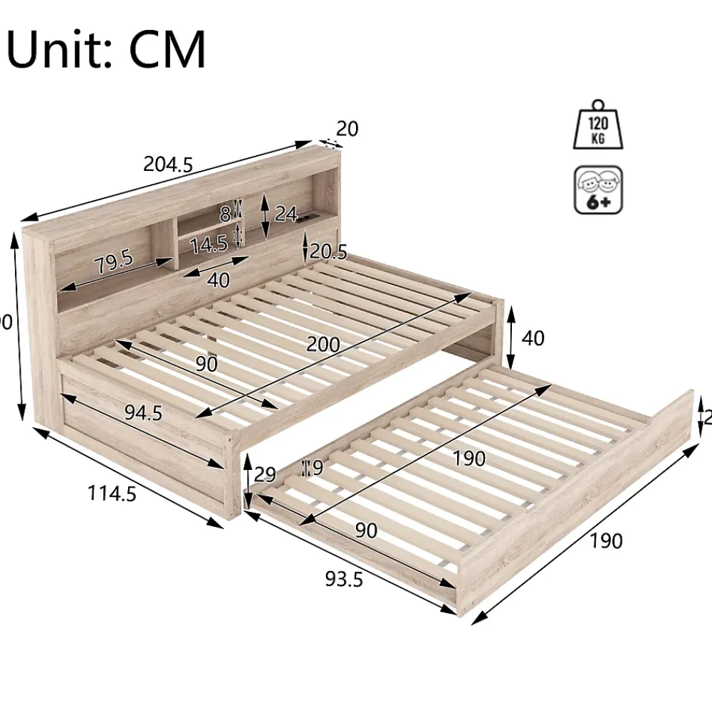 Okwish Lit gigogne 90x200 cm avec rangement latéral, LED télécommande et ports USB - sommier inclus - naturel - sans matelas* Lit Gigogne