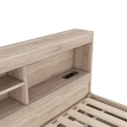 Okwish Lit gigogne 90x200 cm avec rangement latéral, LED télécommande et ports USB - sommier inclus - naturel - sans matelas* Lit Gigogne
