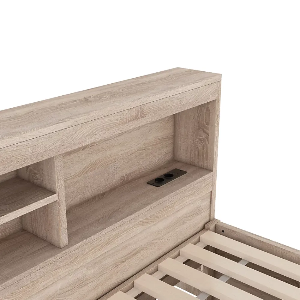 Okwish Lit gigogne 90x200 cm avec rangement latéral, LED télécommande et ports USB - sommier inclus - naturel - sans matelas* Lit Gigogne