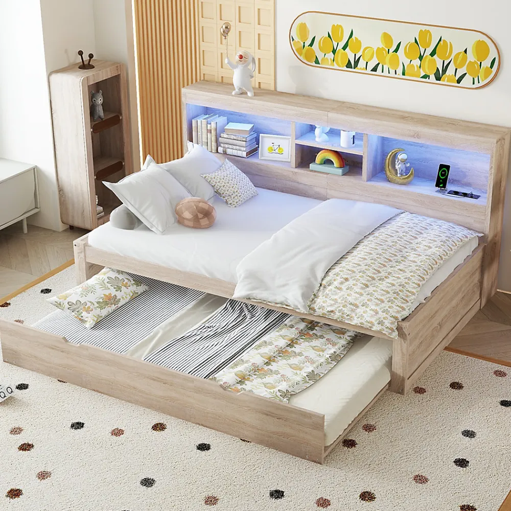 Okwish Lit gigogne 90x200 cm avec rangement latéral, LED télécommande et ports USB - sommier inclus - naturel - sans matelas* Lit Gigogne
