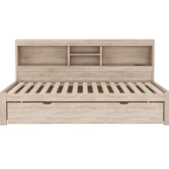 Okwish Lit gigogne 90x200 cm avec rangement latéral, LED télécommande et ports USB - sommier inclus - naturel - sans matelas* Lit Gigogne