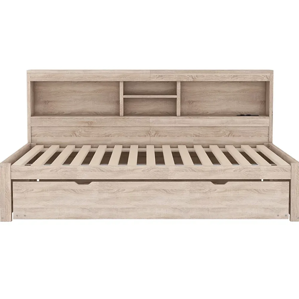 Okwish Lit gigogne 90x200 cm avec rangement latéral, LED télécommande et ports USB - sommier inclus - naturel - sans matelas* Lit Gigogne