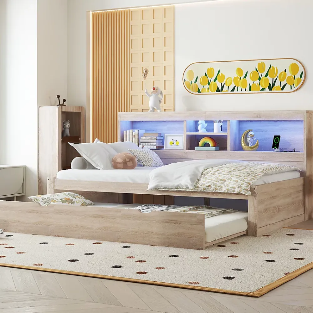 Okwish Lit gigogne 90x200 cm avec rangement latéral, LED télécommande et ports USB - sommier inclus - naturel - sans matelas* Lit Gigogne