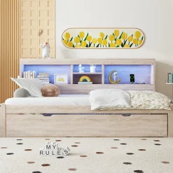 Okwish Lit gigogne 90x200 cm avec rangement latéral, LED télécommande et ports USB - sommier inclus - naturel - sans matelas* Lit Gigogne