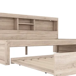 Okwish Lit gigogne 90x200 cm avec rangement latéral, LED télécommande et ports USB - sommier inclus - naturel - sans matelas* Lit Gigogne