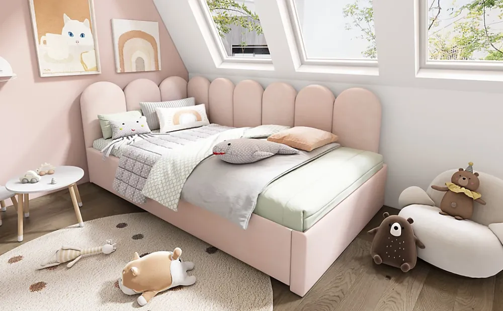 Okwish Lit Gigogne 90x200 cm avec Second Couchage - Design Moderne Gain de Place - Velours Rose - Sans Matelas* Lit Gigogne