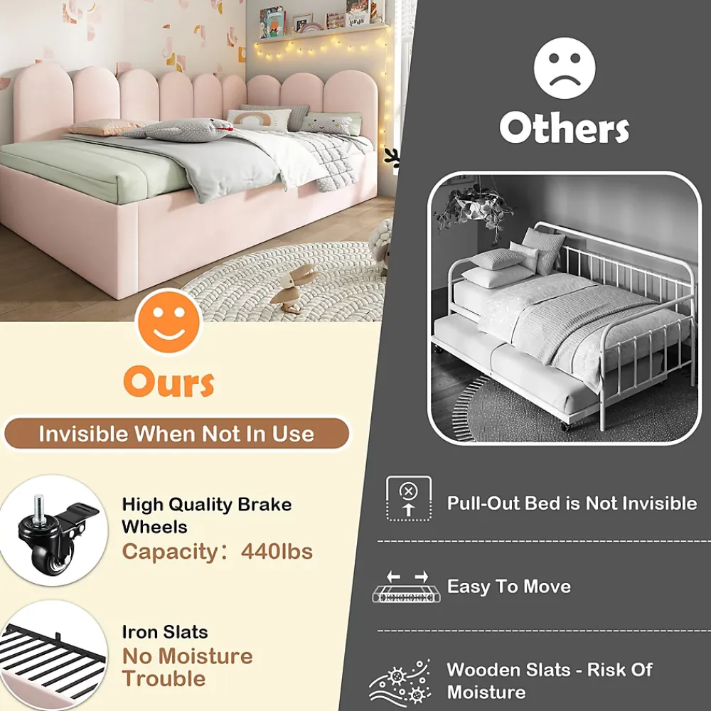 Okwish Lit Gigogne 90x200 cm avec Second Couchage - Design Moderne Gain de Place - Velours Rose - Sans Matelas* Lit Gigogne