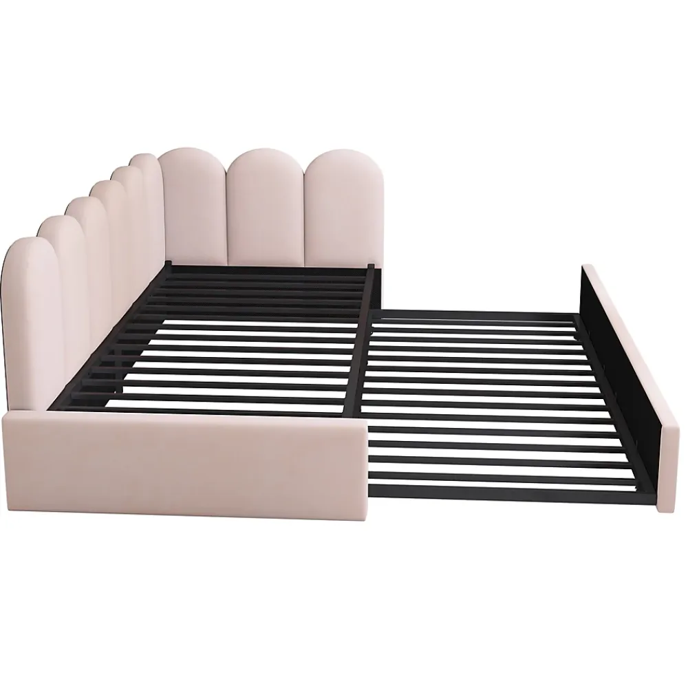 Okwish Lit Gigogne 90x200 cm avec Second Couchage - Design Moderne Gain de Place - Velours Rose - Sans Matelas* Lit Gigogne