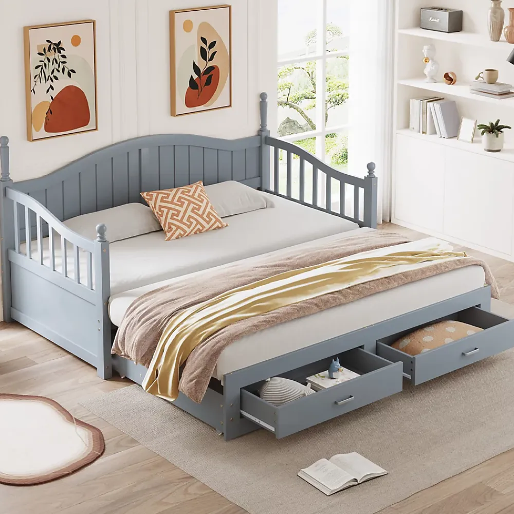 Okwish Lit Gigogne 90/180x200 cm avec Tiroirs et Sommier à Lattes Intégré, Lit Multifonction en Pin Massif, Gris* Lit Gigogne