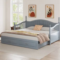 Okwish Lit Gigogne 90/180x200 cm avec Tiroirs et Sommier à Lattes Intégré, Lit Multifonction en Pin Massif, Gris* Lit Gigogne