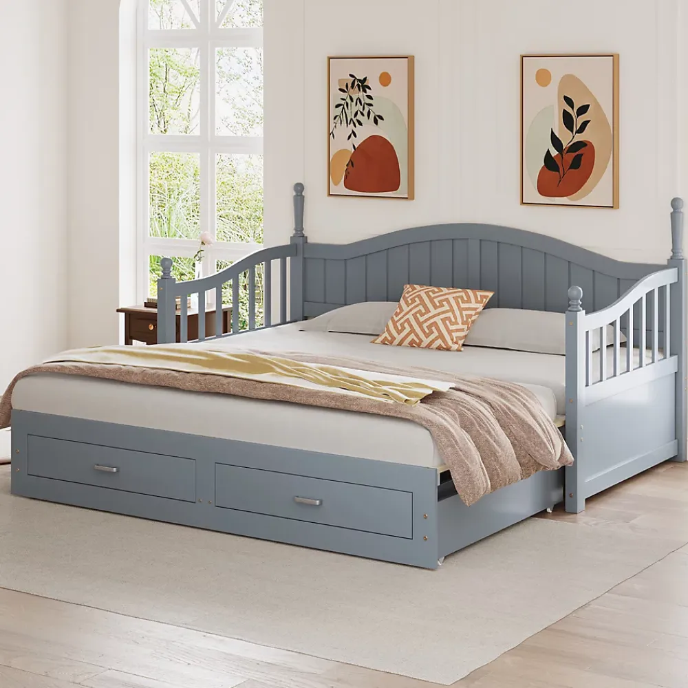 Okwish Lit Gigogne 90/180x200 cm avec Tiroirs et Sommier à Lattes Intégré, Lit Multifonction en Pin Massif, Gris* Lit Gigogne