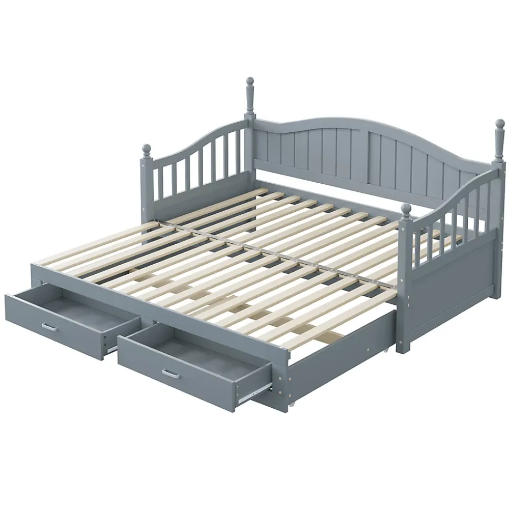 Okwish Lit Gigogne 90/180x200 cm avec Tiroirs et Sommier à Lattes Intégré, Lit Multifonction en Pin Massif, Gris* Lit Gigogne
