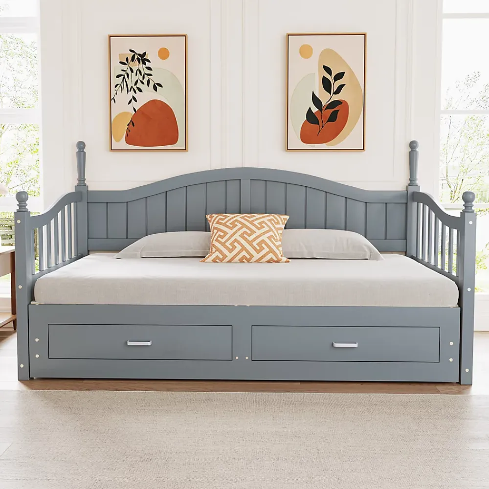 Okwish Lit Gigogne 90/180x200 cm avec Tiroirs et Sommier à Lattes Intégré, Lit Multifonction en Pin Massif, Gris* Lit Gigogne