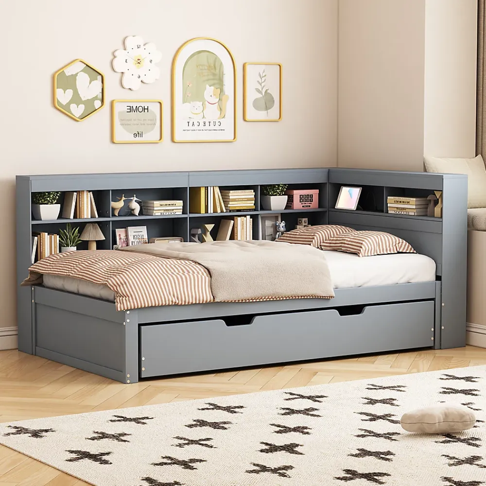 Okwish Lit Gigogne 90x200 cm avec Tiroir Gigogne 90x190 cm et Rangement, Lit Bois Multifonction avec USB Intégré, Gris* Lit Gigogne