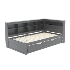 Okwish Lit Gigogne 90x200 cm avec Tiroir Gigogne 90x190 cm et Rangement, Lit Bois Multifonction avec USB Intégré, Gris* Lit Gigogne