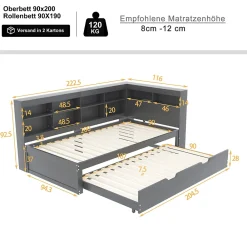 Okwish Lit Gigogne 90x200 cm avec Tiroir Gigogne 90x190 cm et Rangement, Lit Bois Multifonction avec USB Intégré, Gris* Lit Gigogne