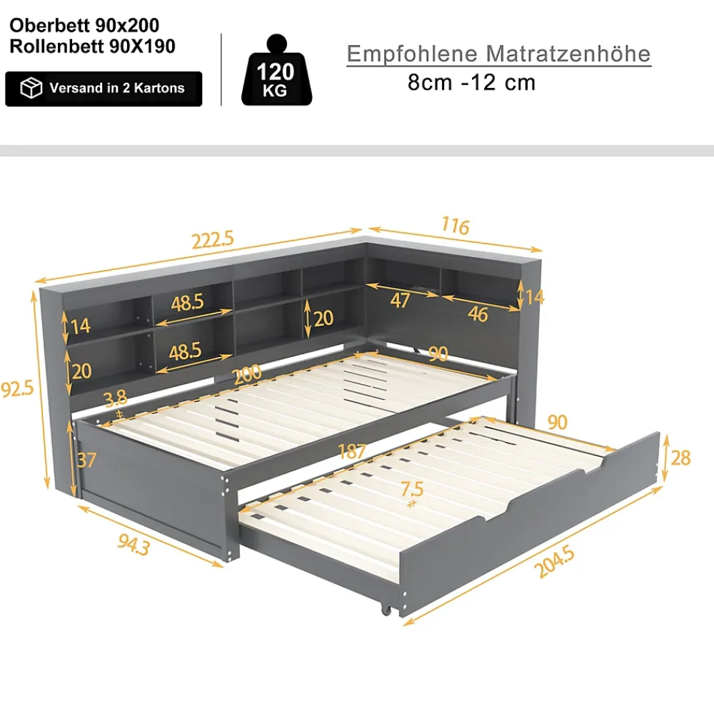 Okwish Lit Gigogne 90x200 cm avec Tiroir Gigogne 90x190 cm et Rangement, Lit Bois Multifonction avec USB Intégré, Gris* Lit Gigogne