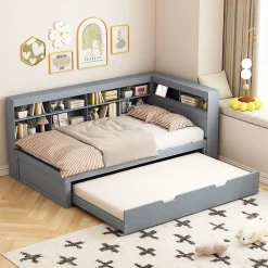 Okwish Lit Gigogne 90x200 cm avec Tiroir Gigogne 90x190 cm et Rangement, Lit Bois Multifonction avec USB Intégré, Gris* Lit Gigogne