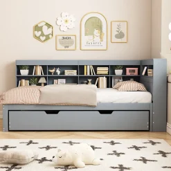 Okwish Lit Gigogne 90x200 cm avec Tiroir Gigogne 90x190 cm et Rangement, Lit Bois Multifonction avec USB Intégré, Gris* Lit Gigogne