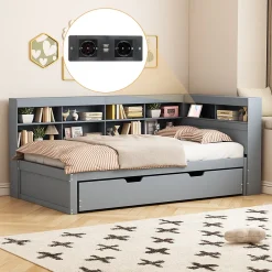 Okwish Lit Gigogne 90x200 cm avec Tiroir Gigogne 90x190 cm et Rangement, Lit Bois Multifonction avec USB Intégré, Gris* Lit Gigogne