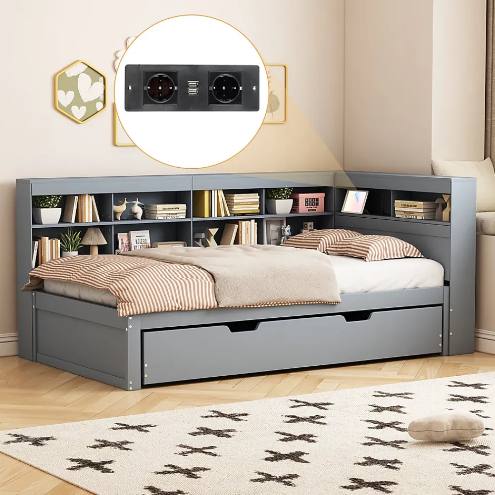 Okwish Lit Gigogne 90x200 cm avec Tiroir Gigogne 90x190 cm et Rangement, Lit Bois Multifonction avec USB Intégré, Gris* Lit Gigogne