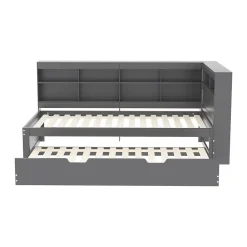 Okwish Lit Gigogne 90x200 cm avec Tiroir Gigogne 90x190 cm et Rangement, Lit Bois Multifonction avec USB Intégré, Gris* Lit Gigogne
