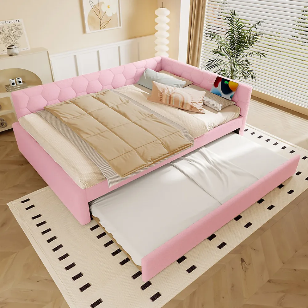 Lit gigogne 140x200 cm avec tiroir, lampe intégrée et ports USB Type-C - 2 couchages gain de place - imitation laine rose>Okwish Discount