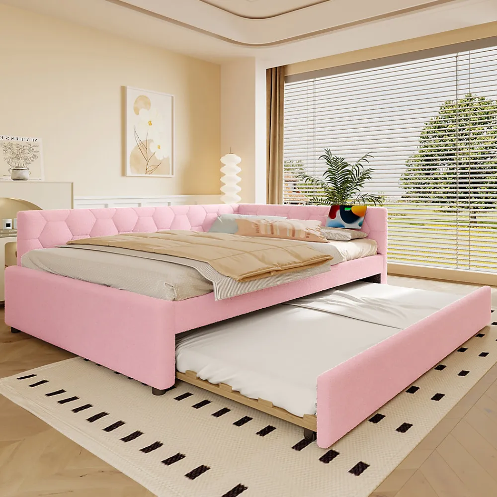 Lit gigogne 140x200 cm avec tiroir, lampe intégrée et ports USB Type-C - 2 couchages gain de place - imitation laine rose>Okwish Discount